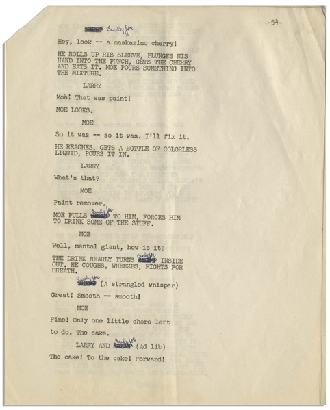 Moe Howard's 6pp. Script for a Three Stooges Skit, Circa Early 1960s, Hand-Annotated by Moe Who Changes Shemp's Name to Curly Joe -- Very Good